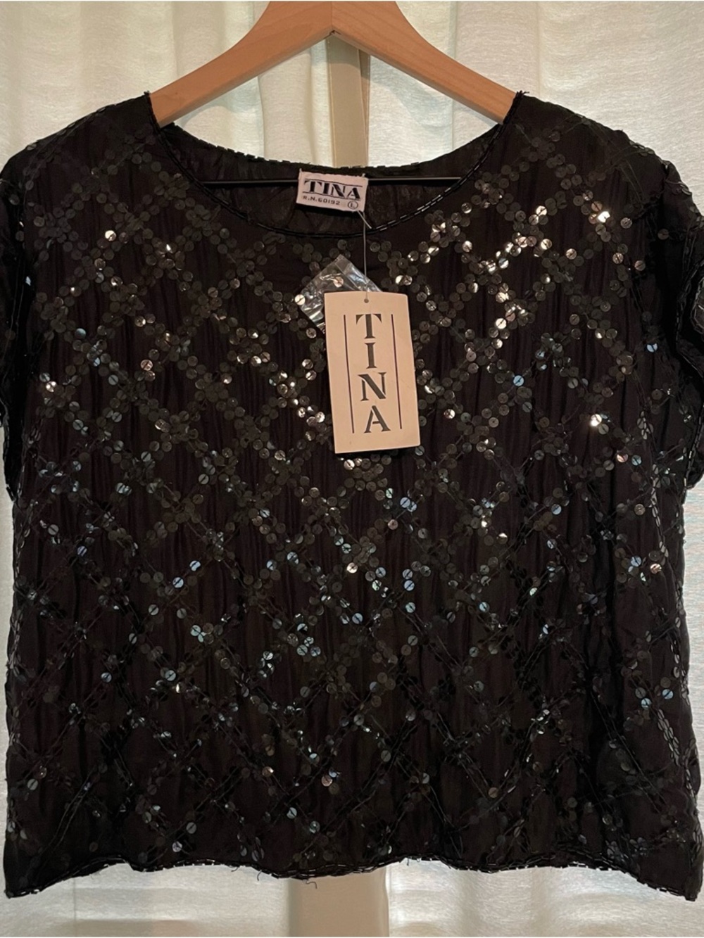 Vintage NWT 80’s Black Sequin Silk Lined Crop Top Size Large